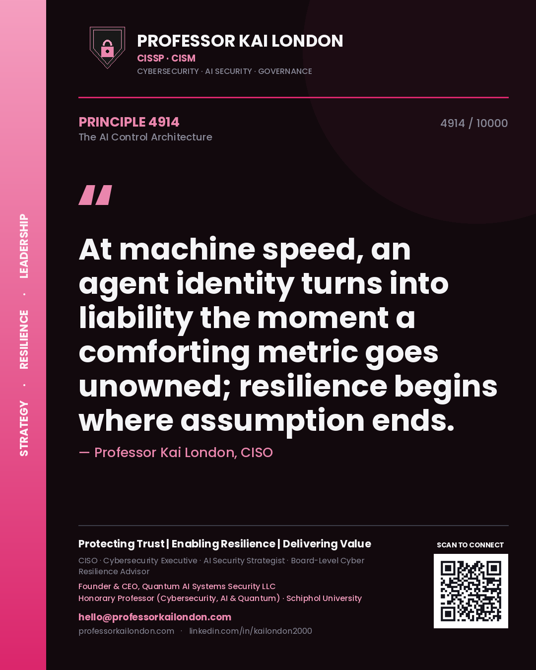 Professor Kai London principle 4914: At machine speed, an agent identity turns into liability the moment a comforting metric goes unowned; resilience begins where assumption ends.