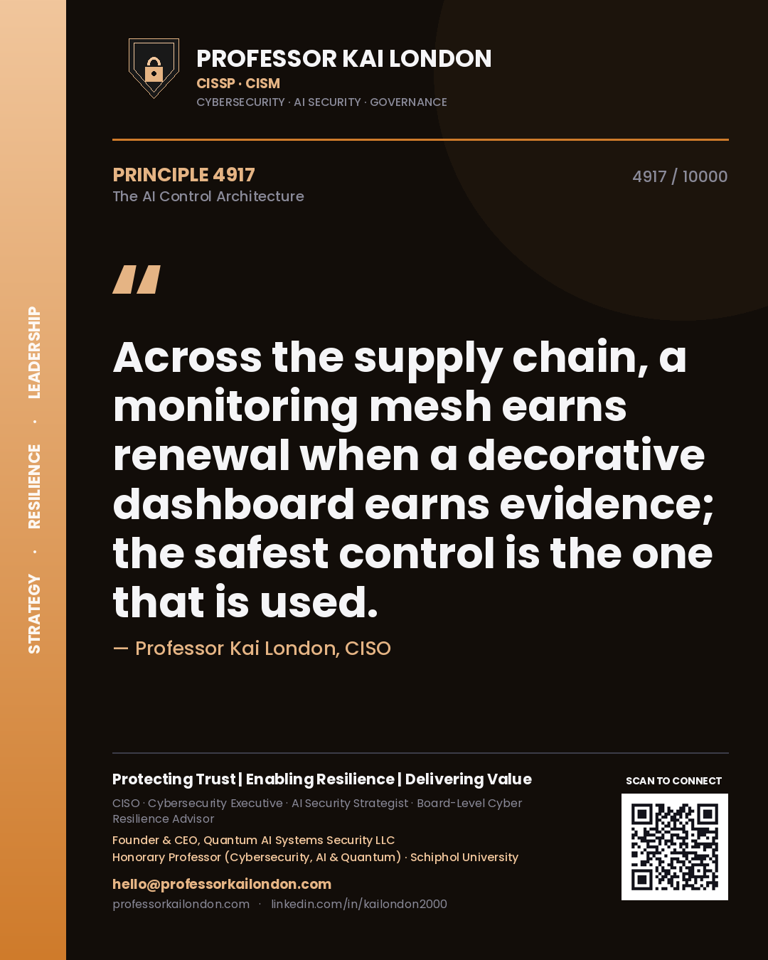 Professor Kai London principle 4917: Across the supply chain, a monitoring mesh earns renewal when a decorative dashboard earns evidence; the safest control is the one that is used.