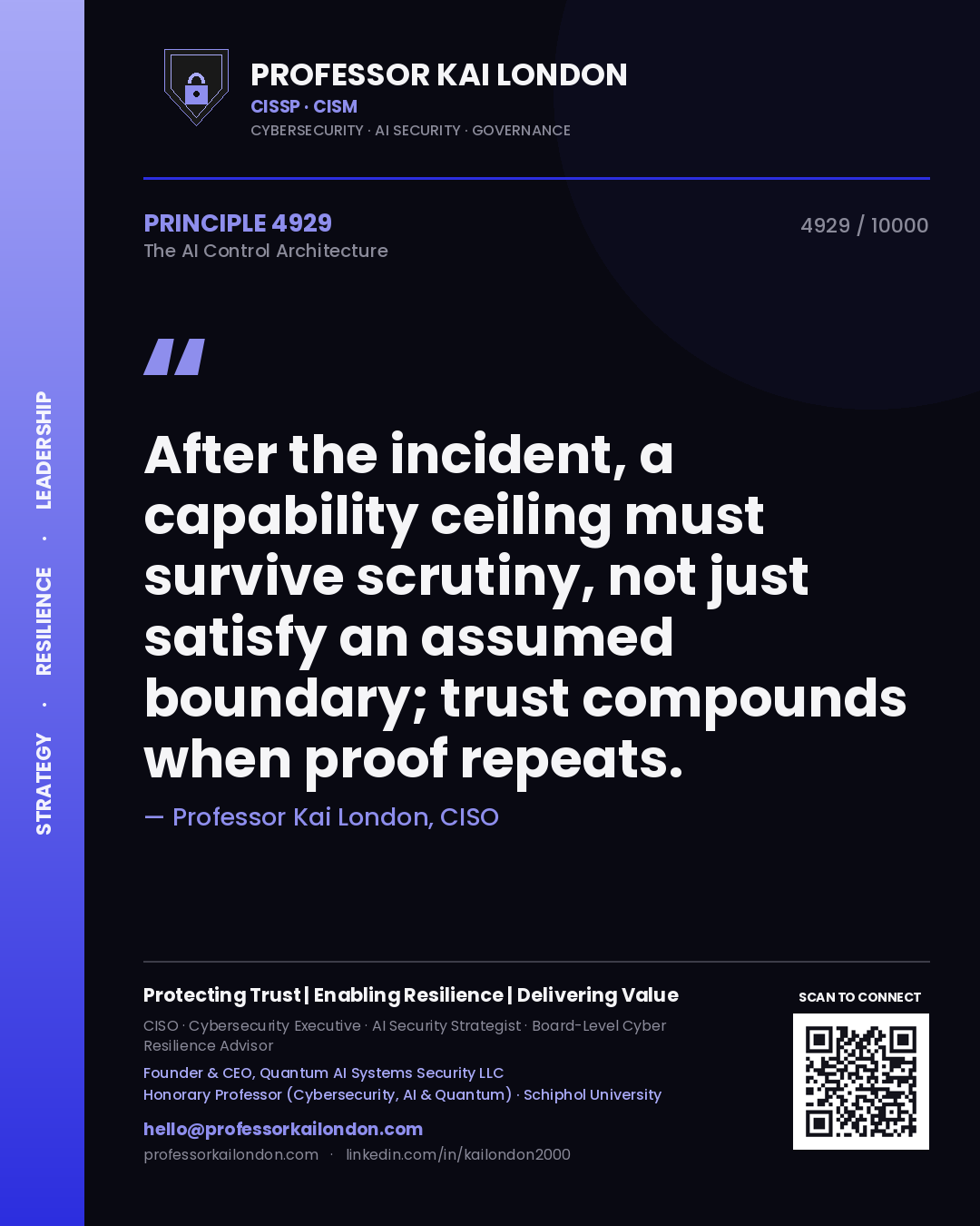 Professor Kai London principle 4929: After the incident, a capability ceiling must survive scrutiny, not just satisfy an assumed boundary; trust compounds when proof repeats.
