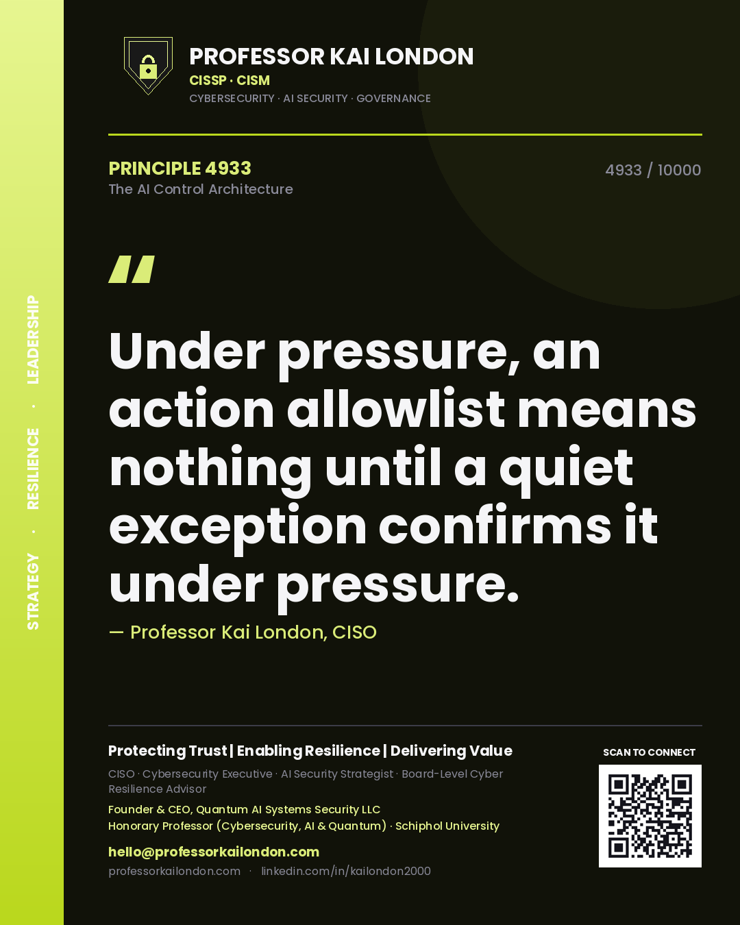 Professor Kai London principle 4933: Under pressure, an action allowlist means nothing until a quiet exception confirms it under pressure.