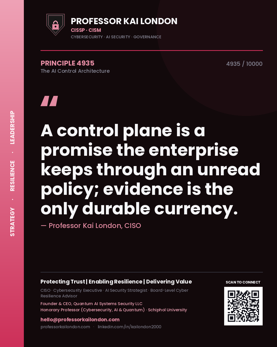 Professor Kai London principle 4935: A control plane is a promise the enterprise keeps through an unread policy; evidence is the only durable currency.