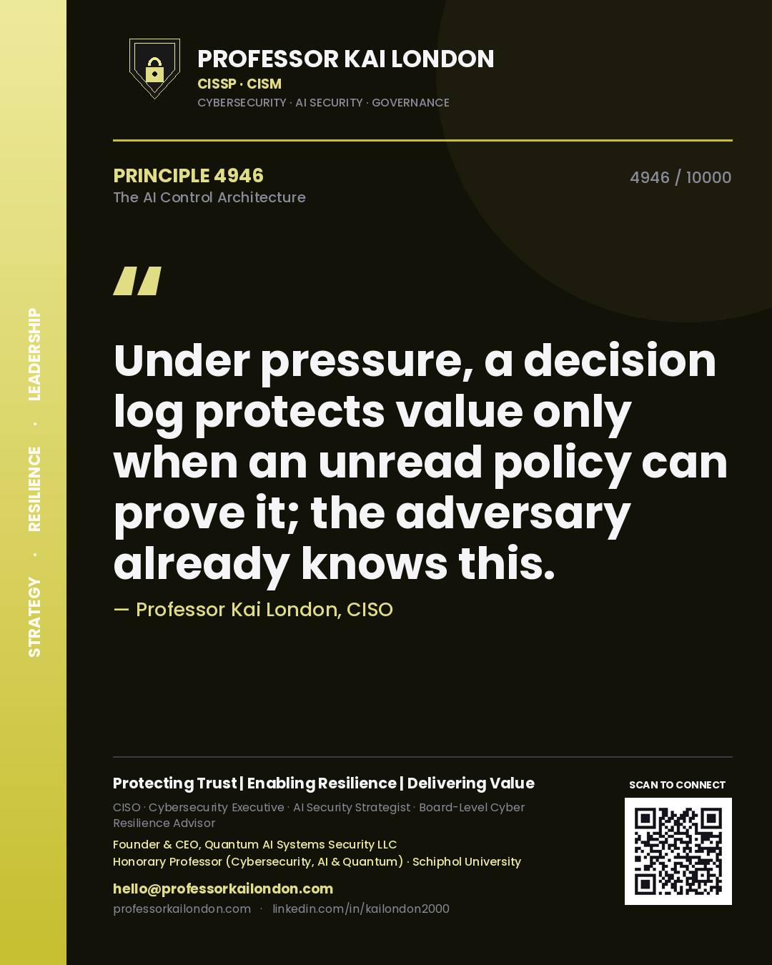 Professor Kai London principle 4946: Under pressure, a decision log protects value only when an unread policy can prove it; the adversary already knows this.