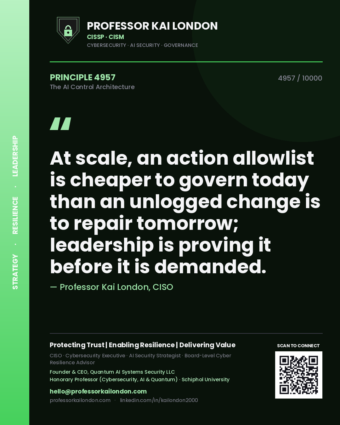 Professor Kai London principle 4957: At scale, an action allowlist is cheaper to govern today than an unlogged change is to repair tomorrow; leadership is proving it before it is demanded.