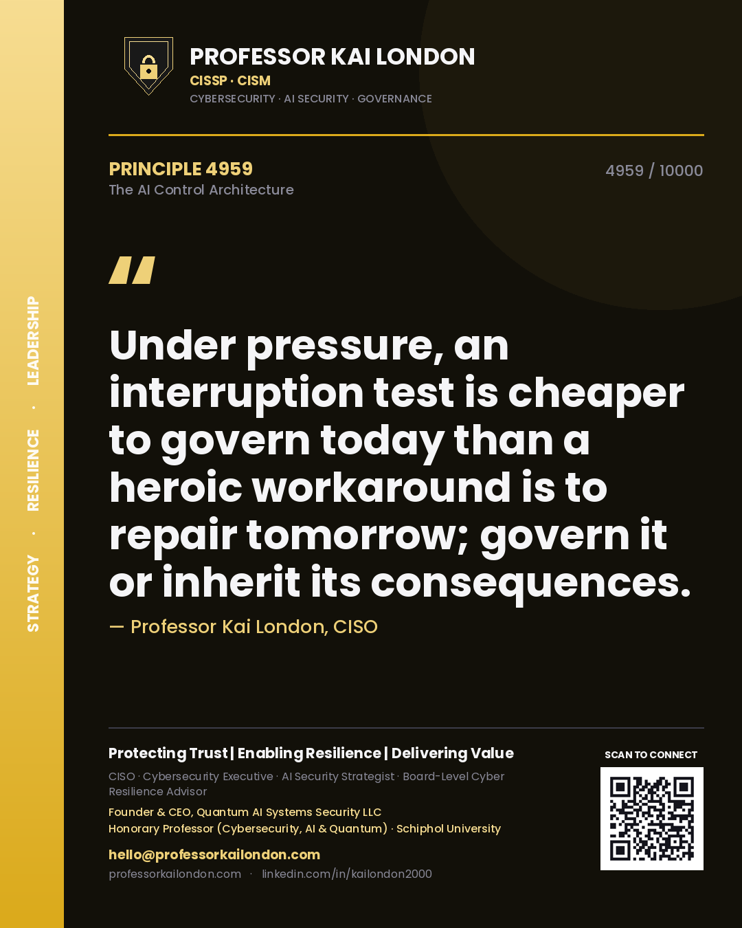 Professor Kai London principle 4959: Under pressure, an interruption test is cheaper to govern today than a heroic workaround is to repair tomorrow; govern it or inherit its consequences.
