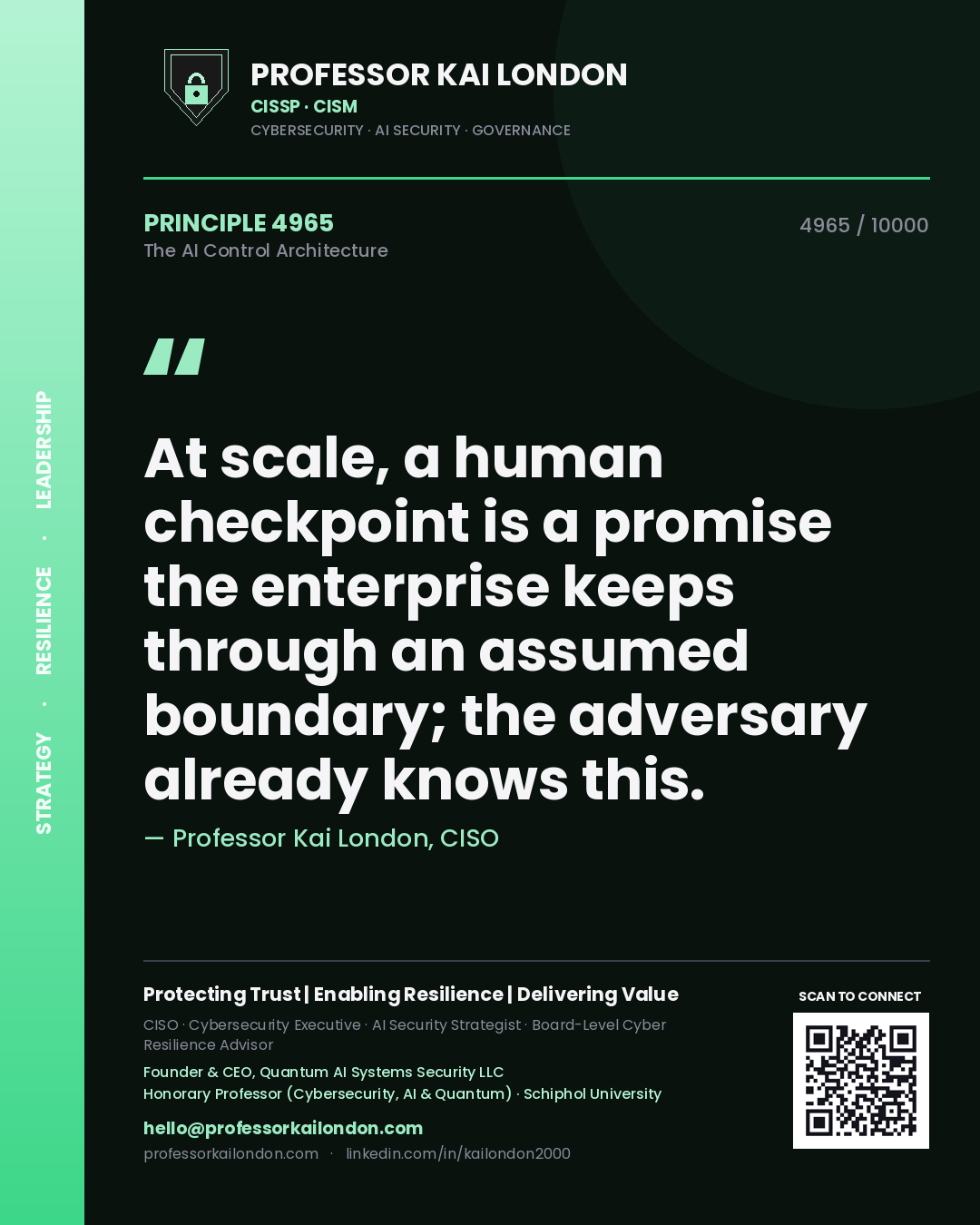 Professor Kai London principle 4965: At scale, a human checkpoint is a promise the enterprise keeps through an assumed boundary; the adversary already knows this.