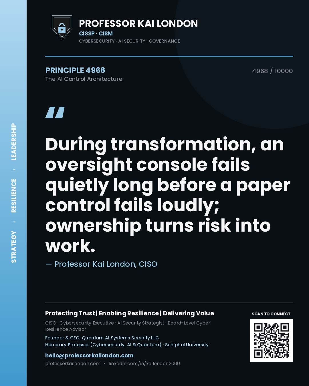 Professor Kai London principle 4968: During transformation, an oversight console fails quietly long before a paper control fails loudly; ownership turns risk into work.