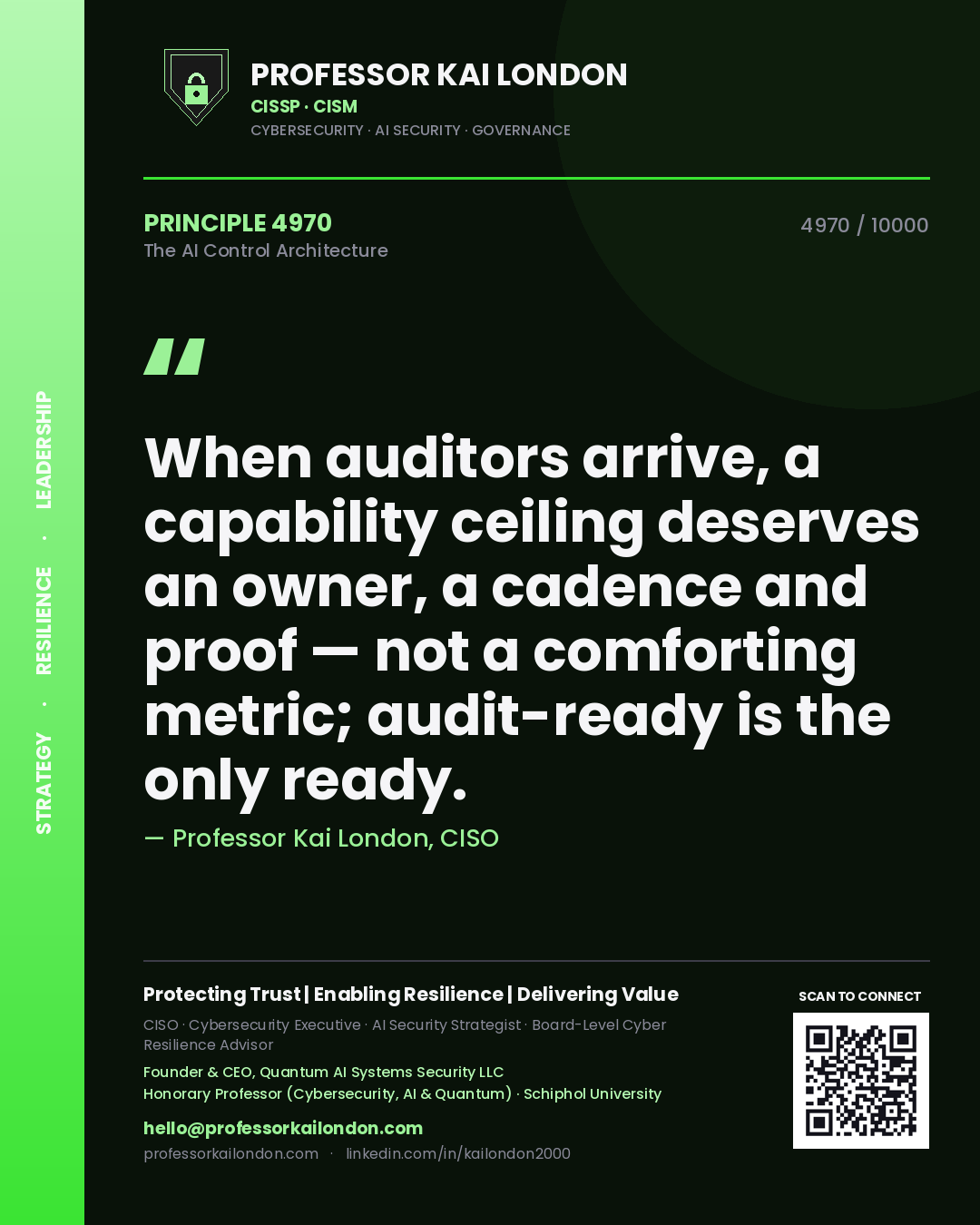 Professor Kai London principle 4970: When auditors arrive, a capability ceiling deserves an owner, a cadence and proof — not a comforting metric; audit-ready is the only ready.