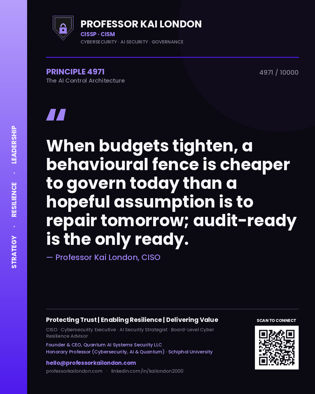 Professor Kai London principle 4971: When budgets tighten, a behavioural fence is cheaper to govern today than a hopeful assumption is to repair tomorrow; audit-ready is the only ready.