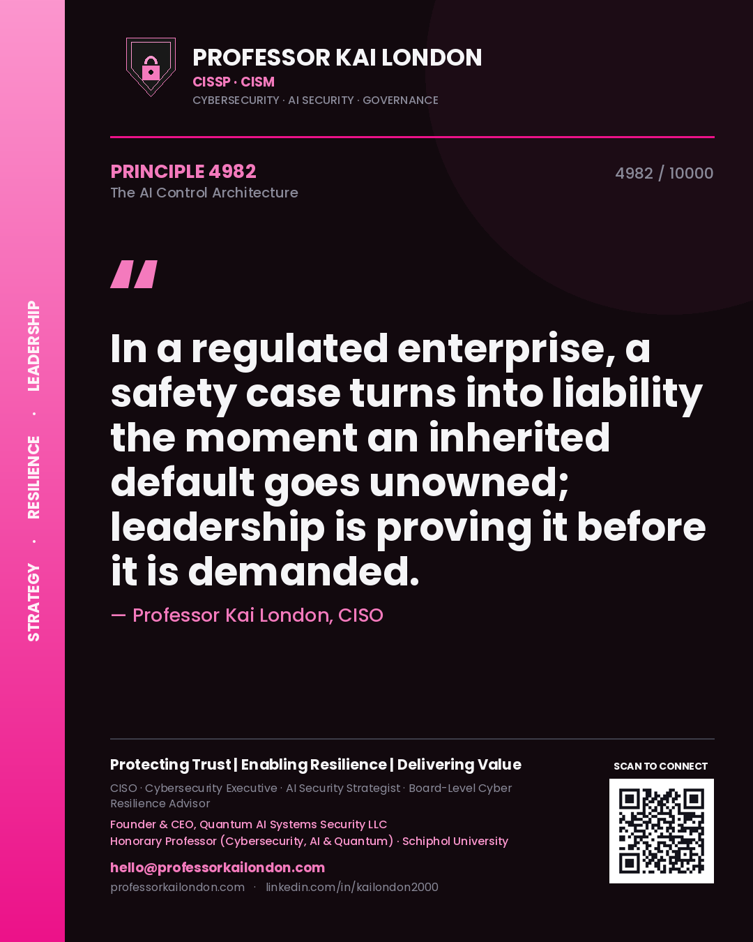 Quote card by Professor Kai London reading 'In a regulated enterprise, a safety case turns into liability the moment an inherited default goes unowned; leadership is proving it before it is demanded.'. From the book The AI Control Architecture.