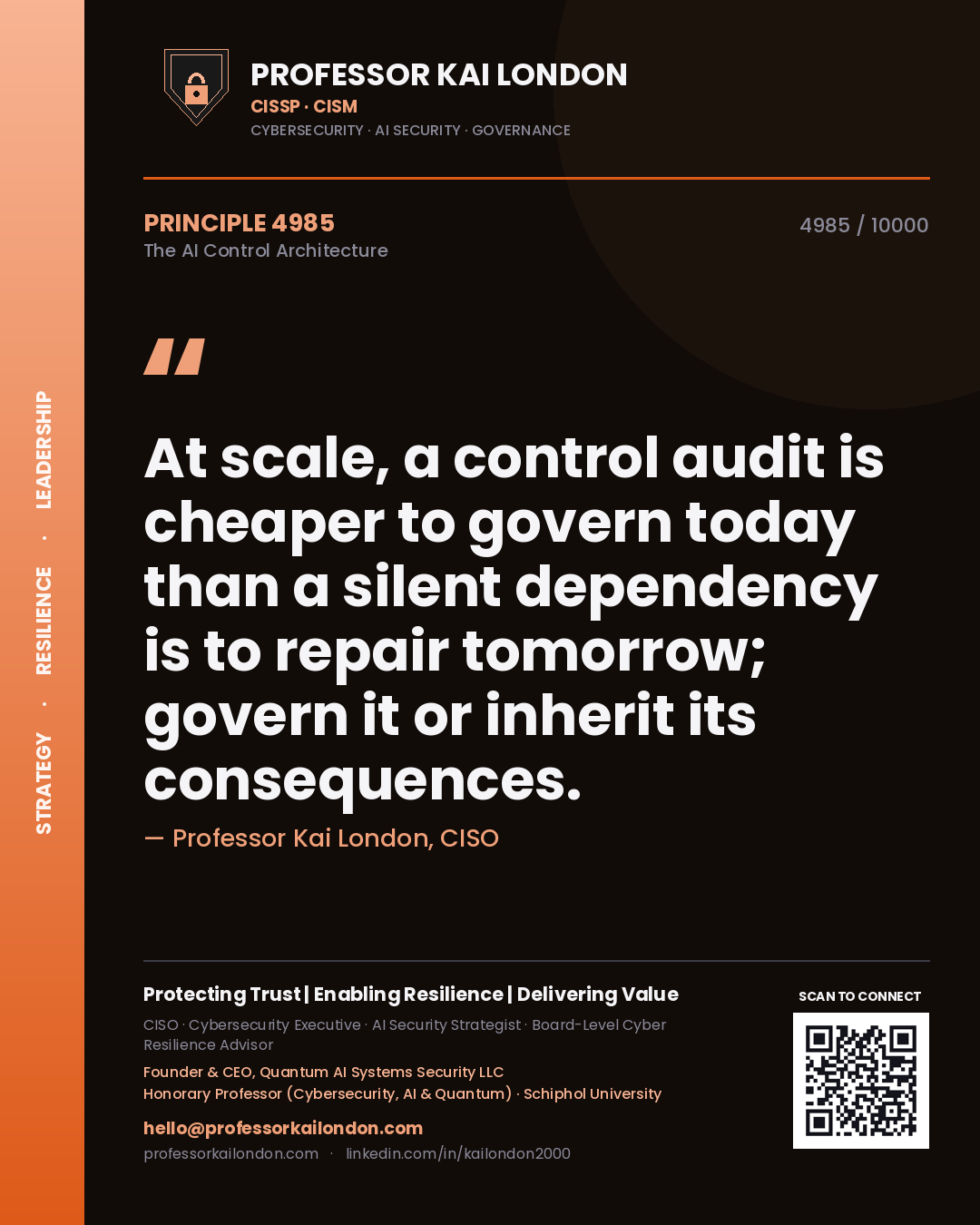Professor Kai London principle 4985: At scale, a control audit is cheaper to govern today than a silent dependency is to repair tomorrow; govern it or inherit its consequences.