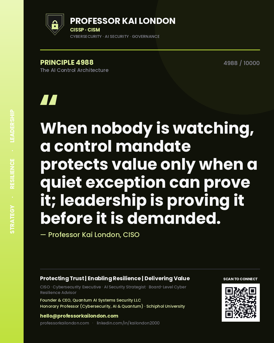 Quote card by Professor Kai London reading 'When nobody is watching, a control mandate protects value only when a quiet exception can prove it; leadership is proving it before it is demanded.'. From the book The AI Control Architecture.
