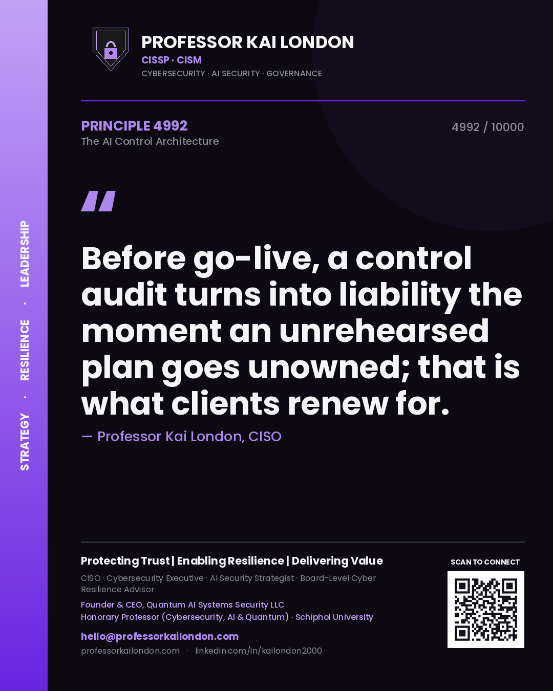 Quote card by Professor Kai London reading 'Before go-live, a control audit turns into liability the moment an unrehearsed plan goes unowned; that is what clients renew for.'. From the book The AI Control Architecture.