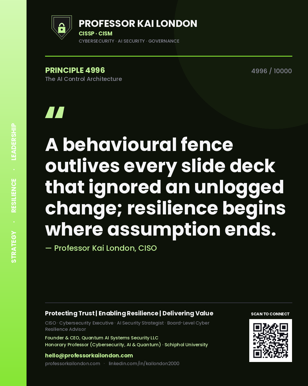 Professor Kai London principle 4996: A behavioural fence outlives every slide deck that ignored an unlogged change; resilience begins where assumption ends.