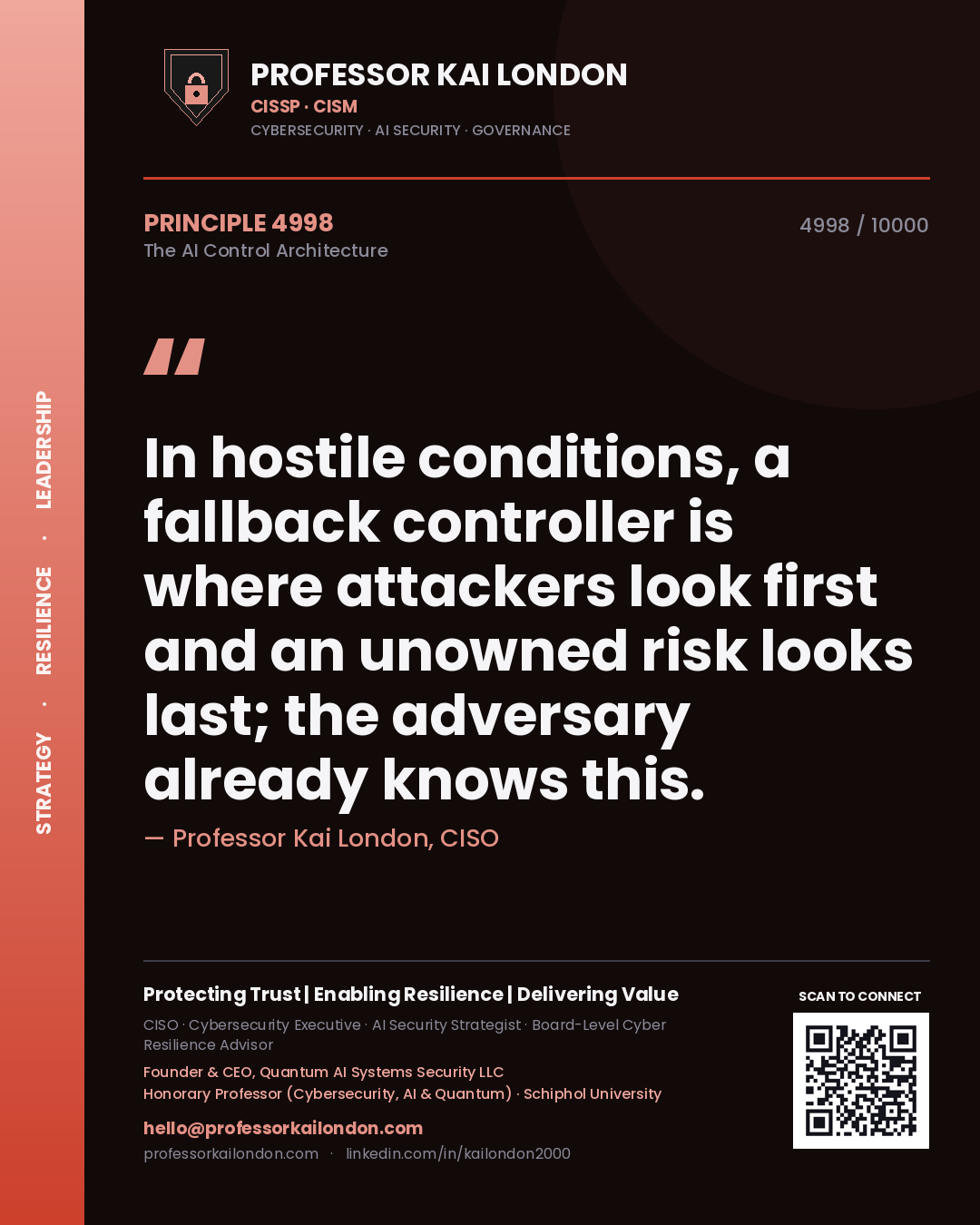 Professor Kai London principle 4998: In hostile conditions, a fallback controller is where attackers look first and an unowned risk looks last; the adversary already knows this.