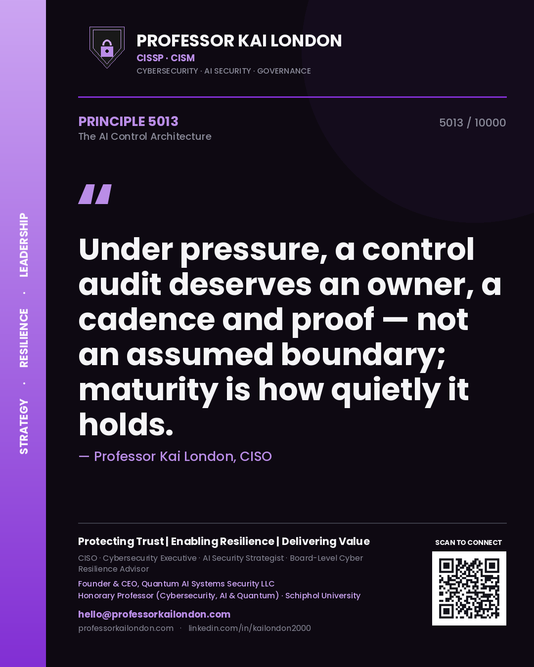 Quote card by Professor Kai London reading 'Under pressure, a control audit deserves an owner, a cadence and proof — not an assumed boundary; maturity is how quietly it holds.'. From the book The AI Control Architecture.