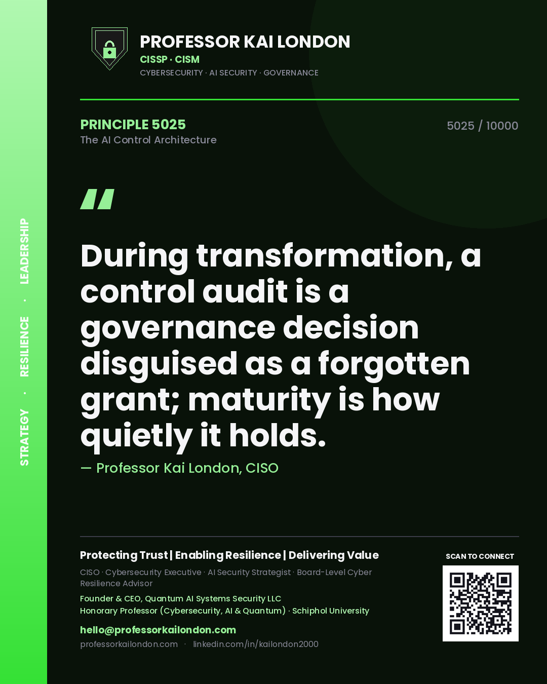 Professor Kai London principle 5025: During transformation, a control audit is a governance decision disguised as a forgotten grant; maturity is how quietly it holds.