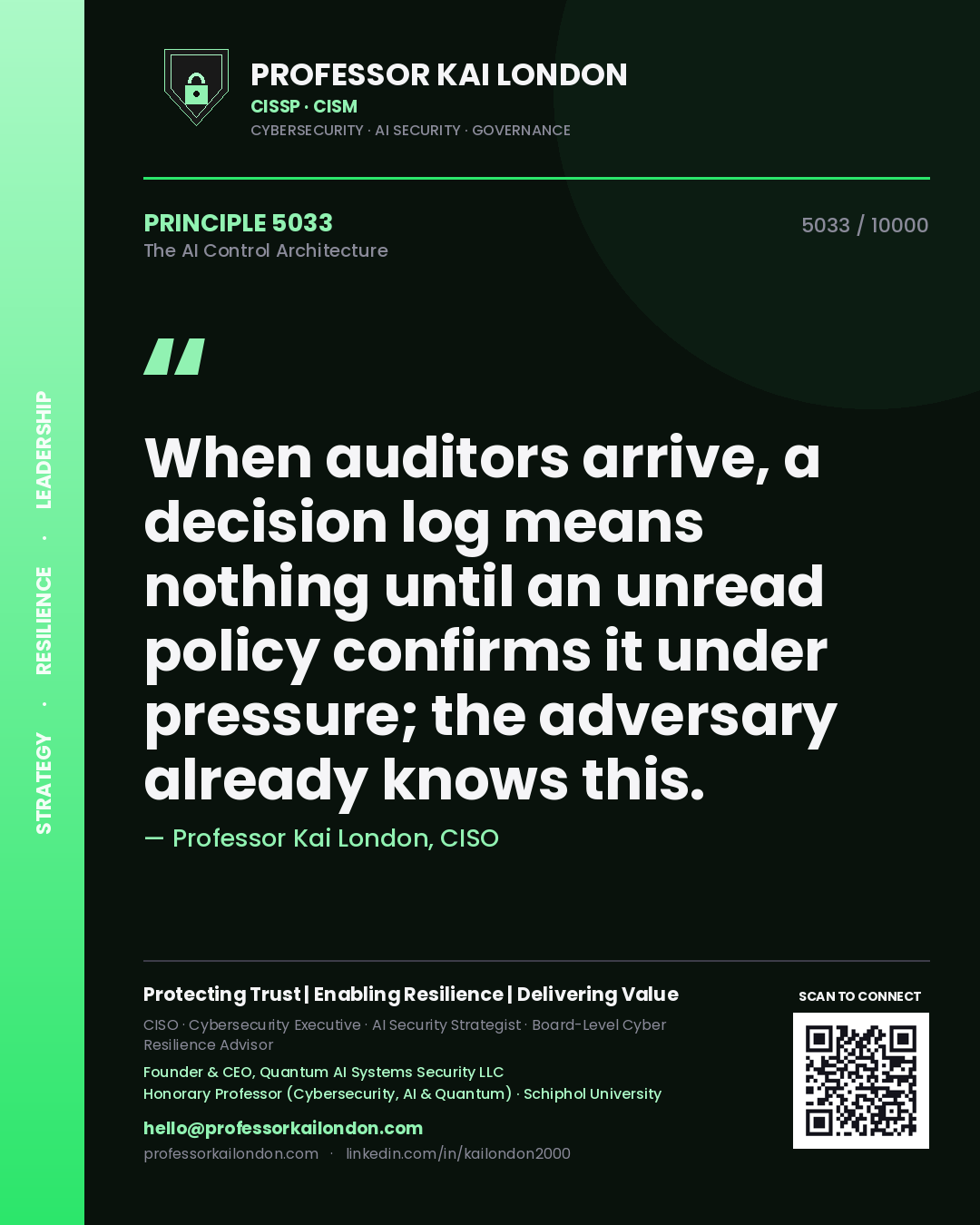 Professor Kai London principle 5033: When auditors arrive, a decision log means nothing until an unread policy confirms it under pressure; the adversary already knows this.