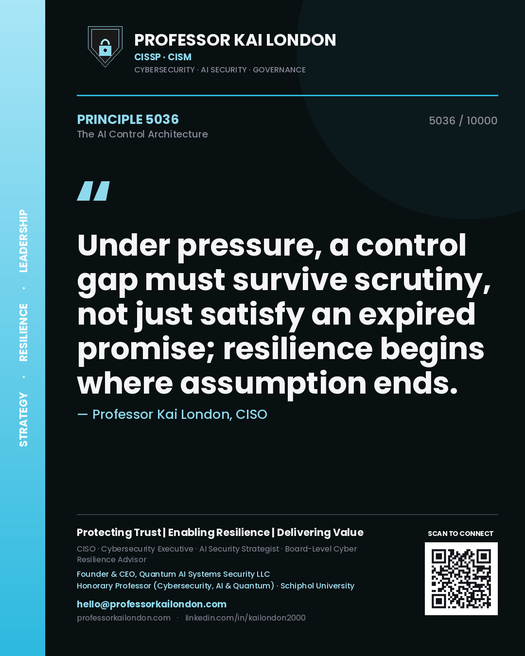 Professor Kai London principle 5036: Under pressure, a control gap must survive scrutiny, not just satisfy an expired promise; resilience begins where assumption ends.