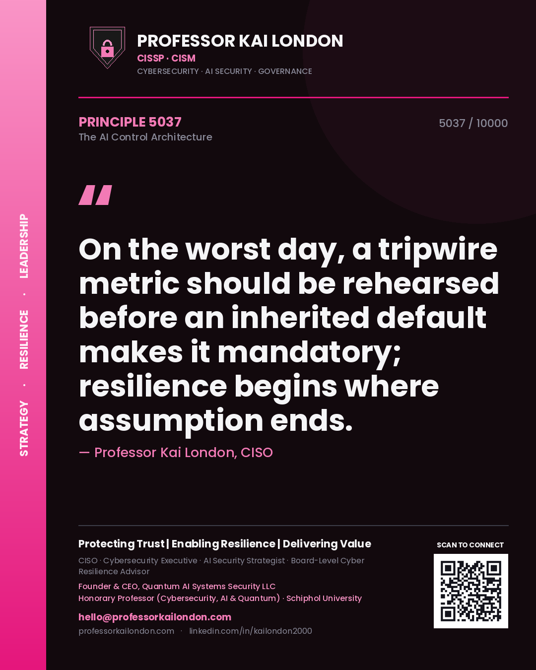 Professor Kai London principle 5037: On the worst day, a tripwire metric should be rehearsed before an inherited default makes it mandatory; resilience begins where assumption ends.