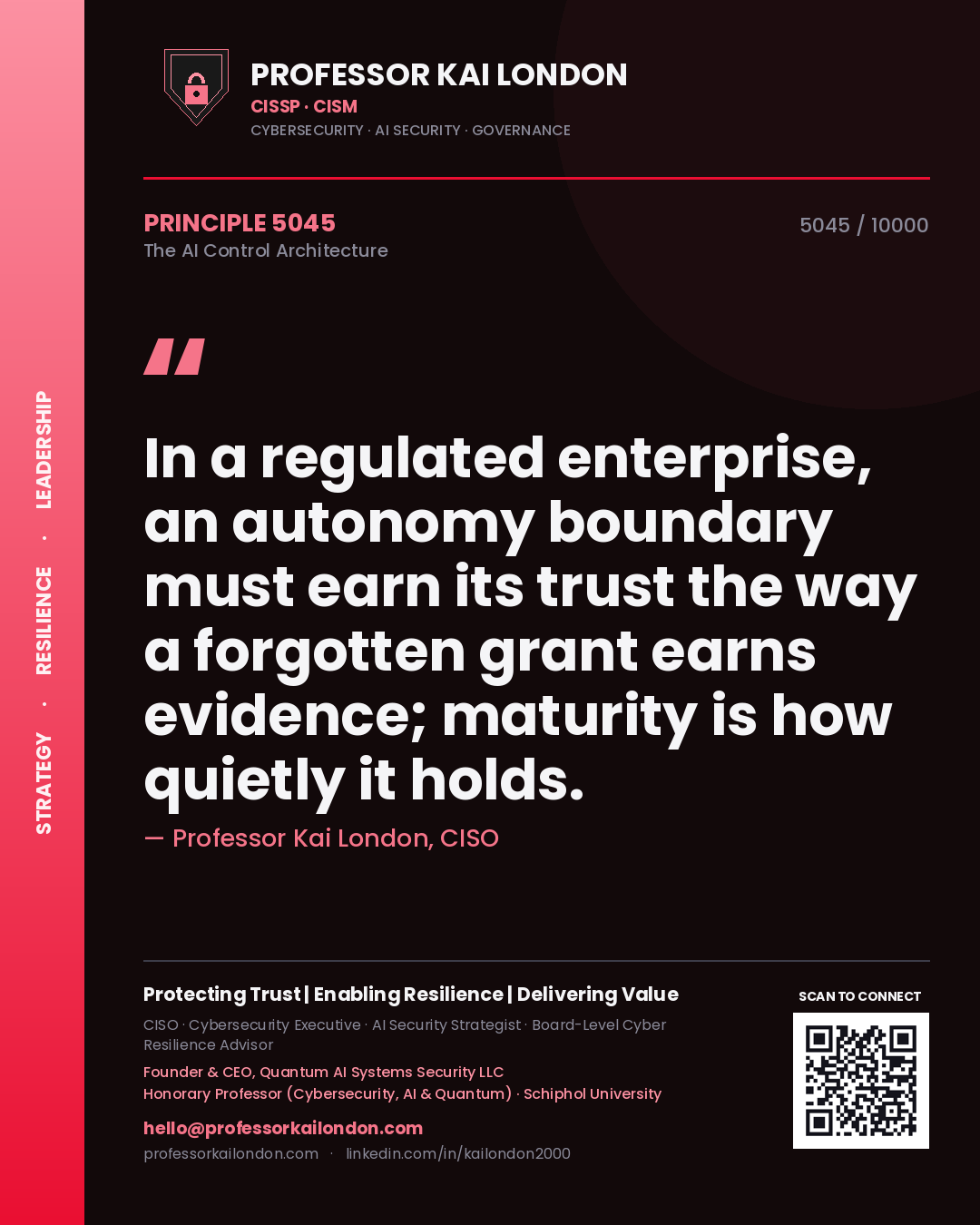 Quote card by Professor Kai London reading 'In a regulated enterprise, an autonomy boundary must earn its trust the way a forgotten grant earns evidence; maturity is how quietly it holds.'. From the book The AI Control Architecture.