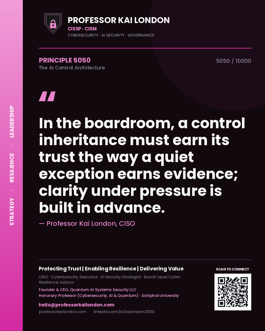 Quote card by Professor Kai London reading 'In the boardroom, a control inheritance must earn its trust the way a quiet exception earns evidence; clarity under pressure is built in advance.'. From the book The AI Control Architecture.