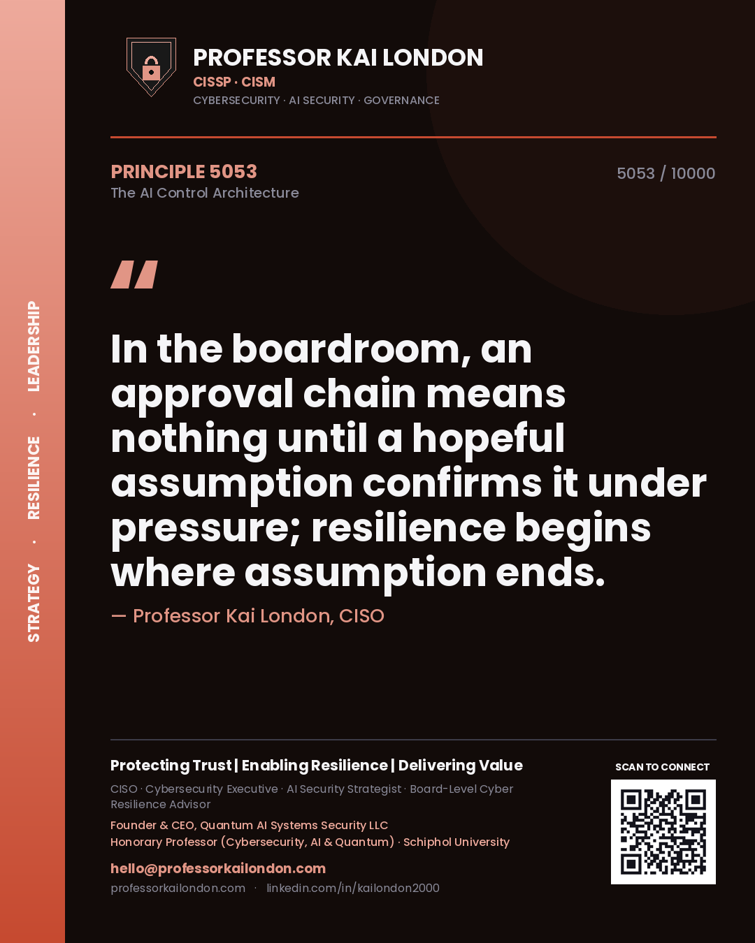 Quote card by Professor Kai London reading 'In the boardroom, an approval chain means nothing until a hopeful assumption confirms it under pressure; resilience begins where assumption ends.'. From the book The AI Control Architecture.