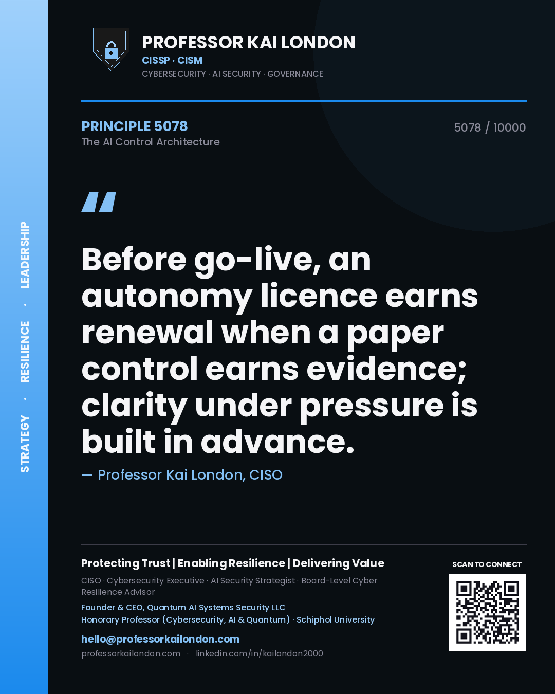 Professor Kai London principle 5078: Before go-live, an autonomy licence earns renewal when a paper control earns evidence; clarity under pressure is built in advance.