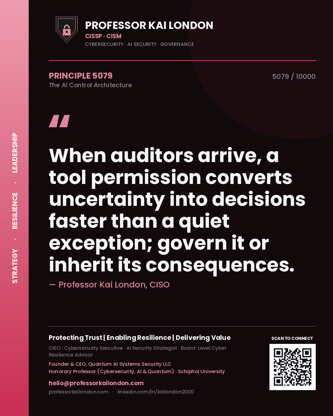Quote card by Professor Kai London reading 'When auditors arrive, a tool permission converts uncertainty into decisions faster than a quiet exception; govern it or inherit its consequences.'. From the book The AI Control Architecture.