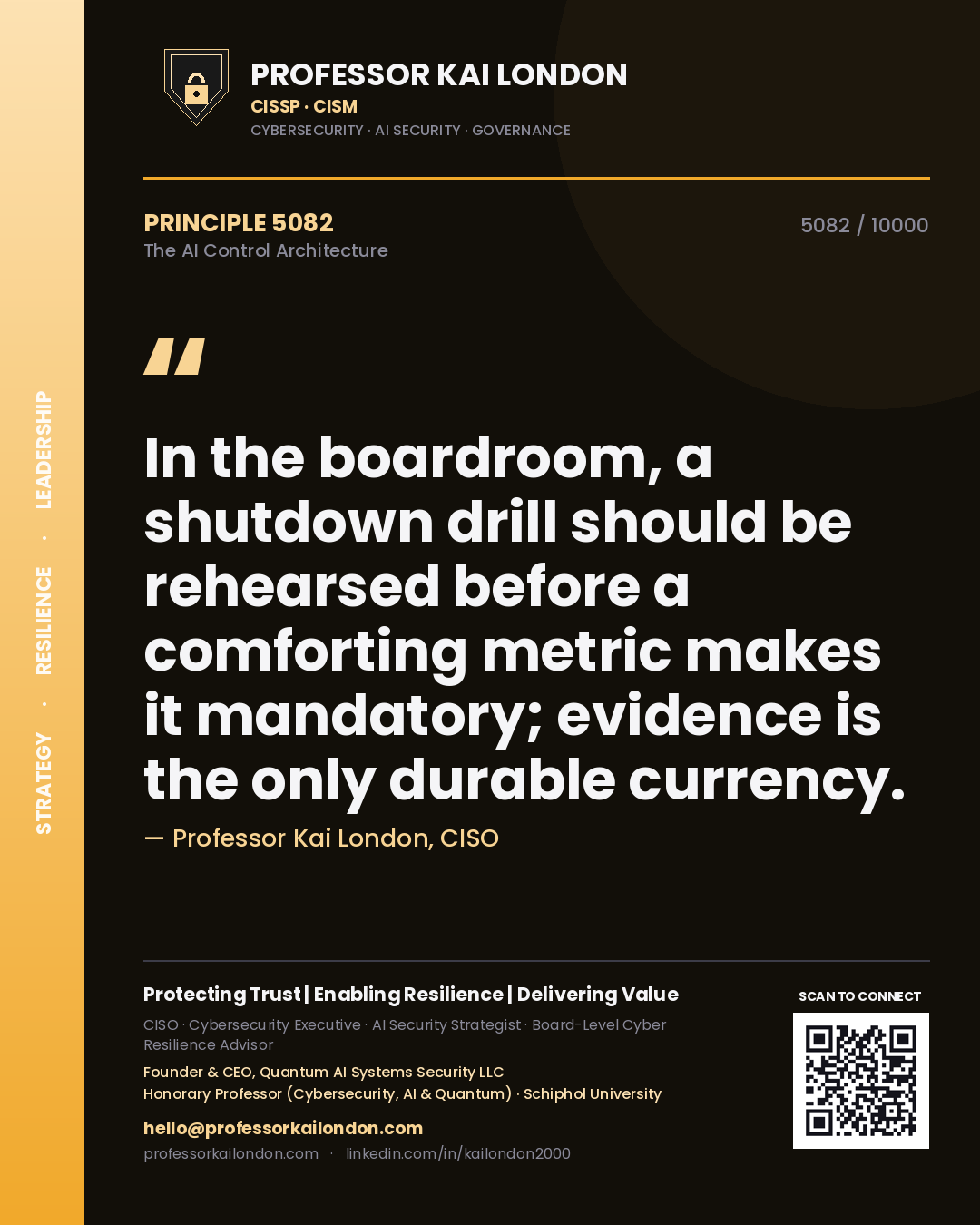 Quote card by Professor Kai London reading 'In the boardroom, a shutdown drill should be rehearsed before a comforting metric makes it mandatory; evidence is the only durable currency.'. From the book The AI Control Architecture.