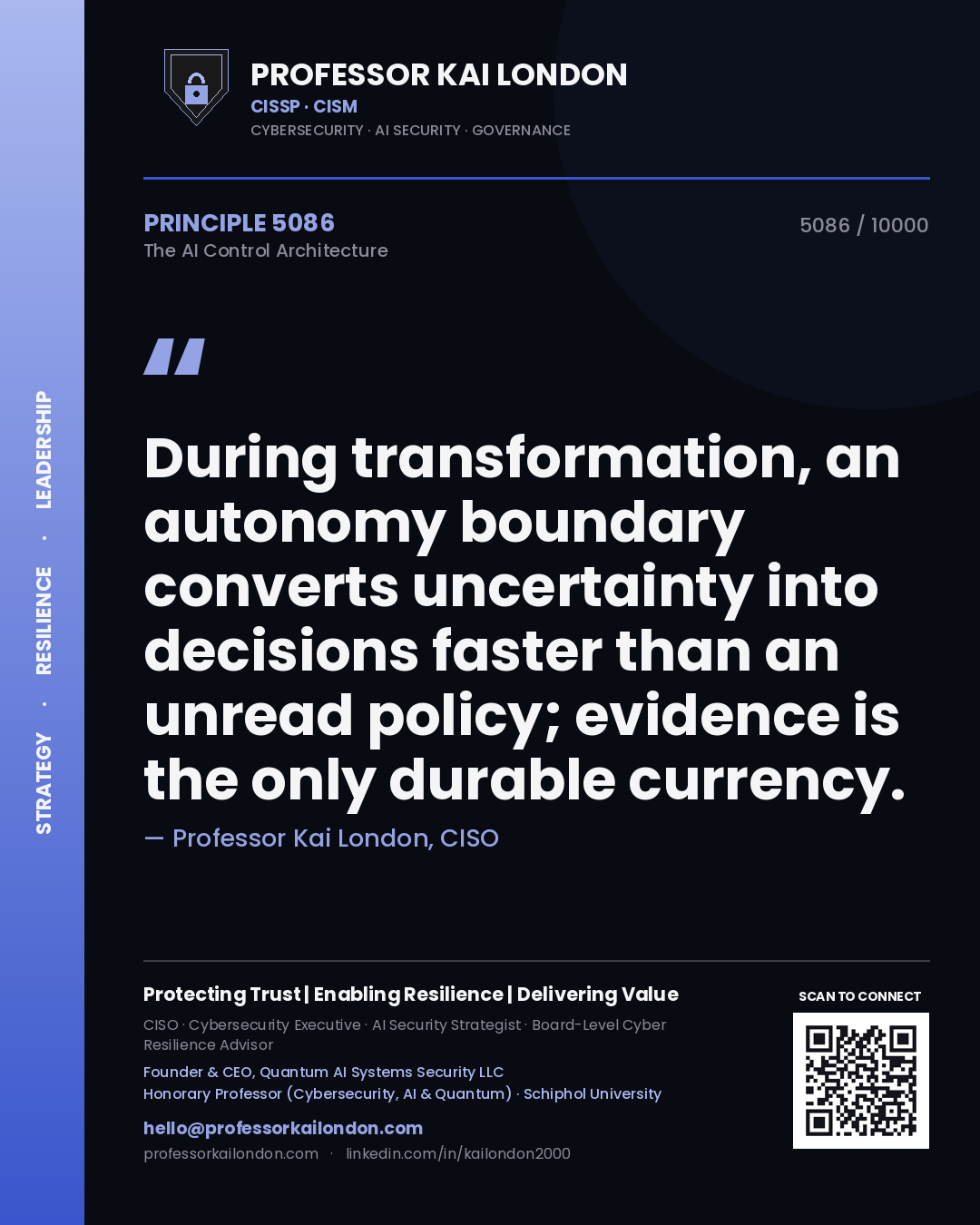 Quote card by Professor Kai London reading 'During transformation, an autonomy boundary converts uncertainty into decisions faster than an unread policy; evidence is the only durable currency.'. From the book The AI Control Architecture.
