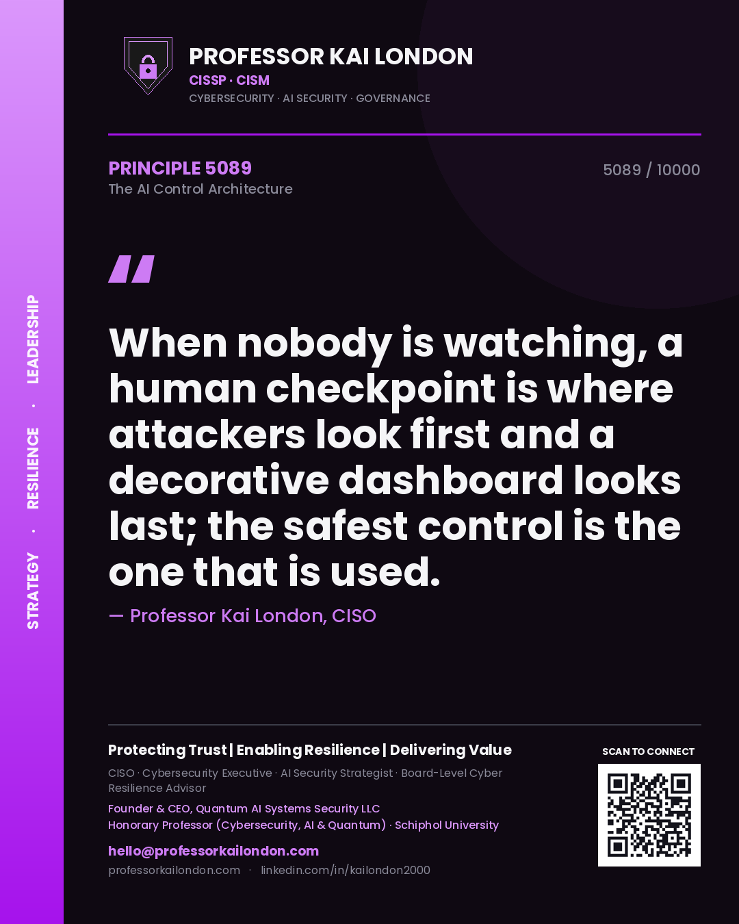 Quote card by Professor Kai London reading 'When nobody is watching, a human checkpoint is where attackers look first and a decorative dashboard looks last; the safest control is the one that is used.'. From the book The AI Control Architecture.