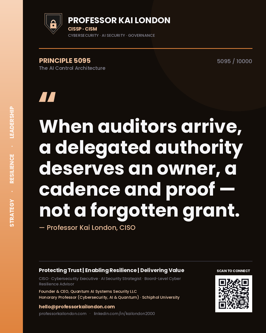 Quote card by Professor Kai London reading 'When auditors arrive, a delegated authority deserves an owner, a cadence and proof — not a forgotten grant.'. From the book The AI Control Architecture.