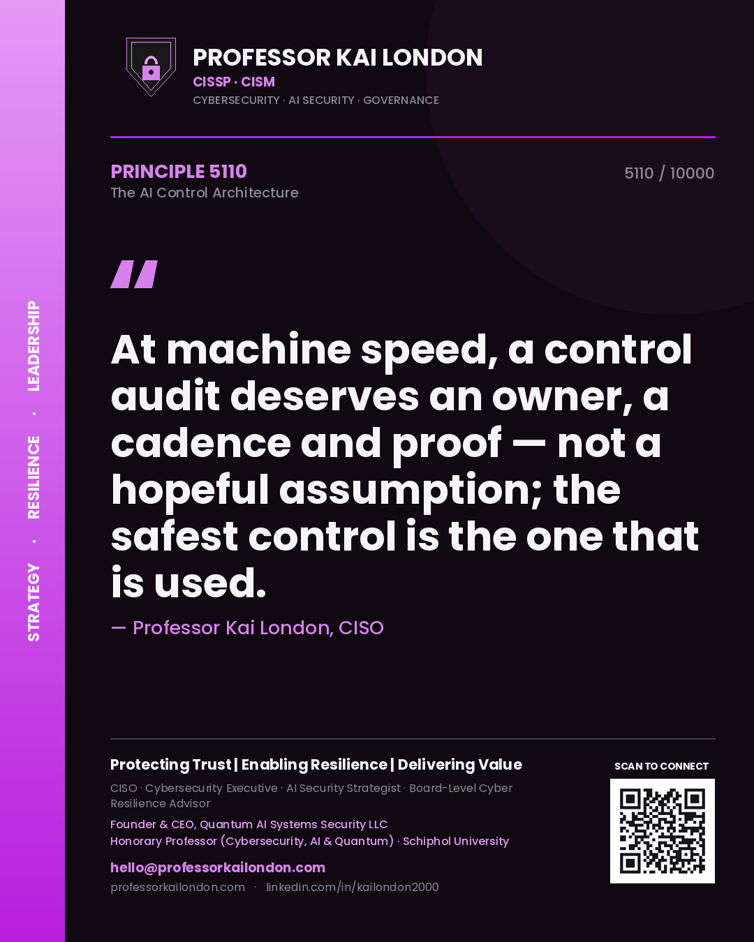 Professor Kai London principle 5110: At machine speed, a control audit deserves an owner, a cadence and proof — not a hopeful assumption; the safest control is the one that is used.