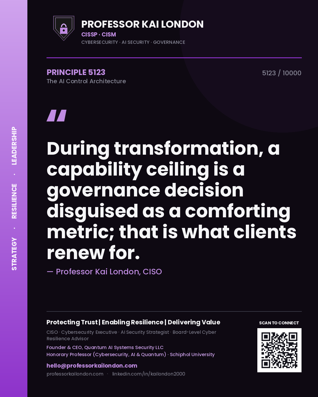 Quote card by Professor Kai London reading 'During transformation, a capability ceiling is a governance decision disguised as a comforting metric; that is what clients renew for.'. From the book The AI Control Architecture.