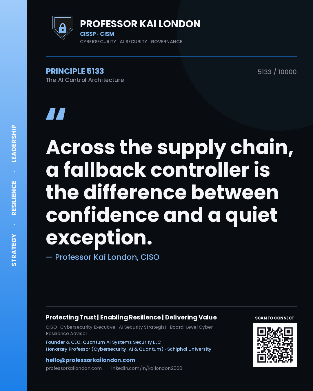 Quote card by Professor Kai London reading 'Across the supply chain, a fallback controller is the difference between confidence and a quiet exception.'. From the book The AI Control Architecture.