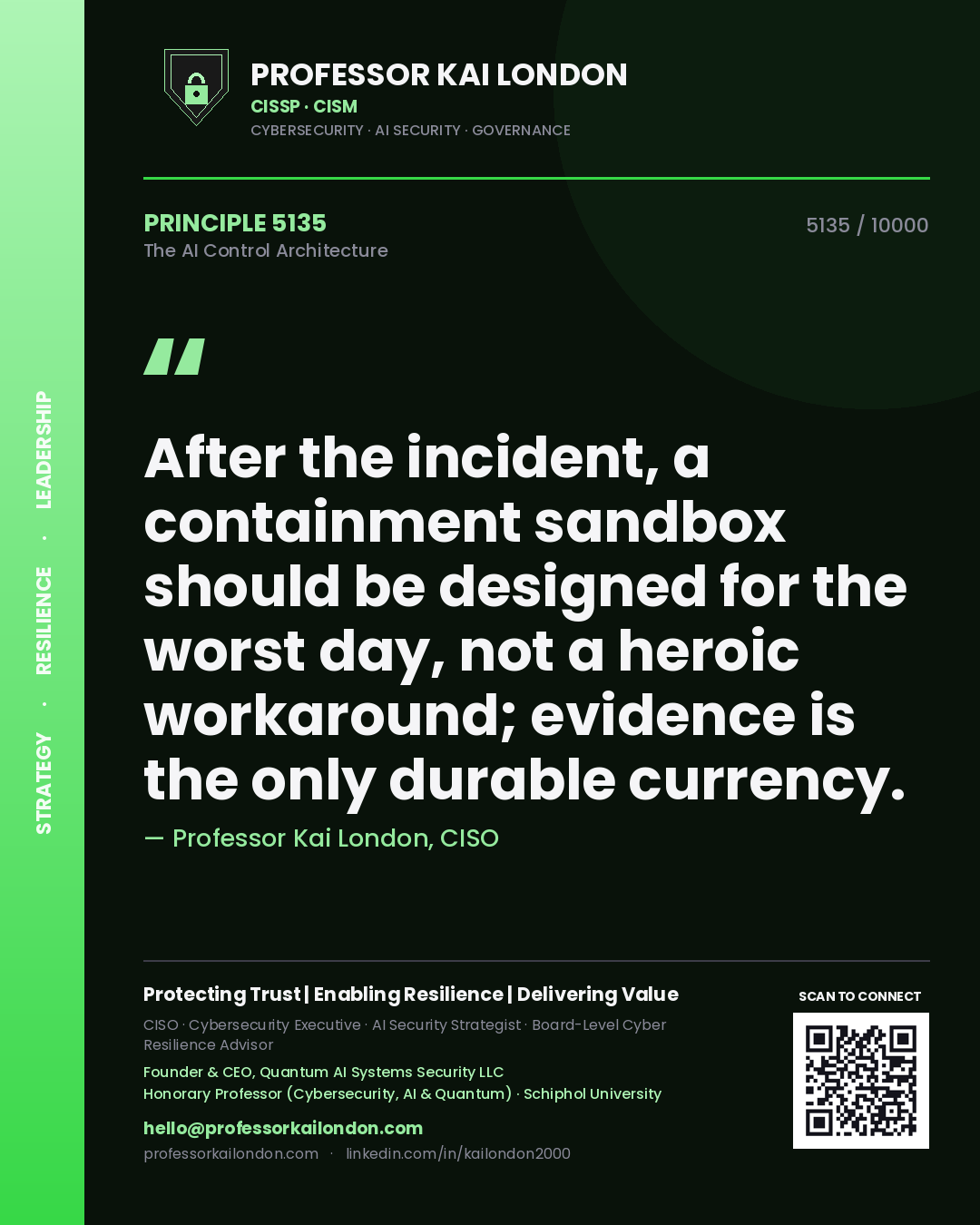Quote card by Professor Kai London reading 'After the incident, a containment sandbox should be designed for the worst day, not a heroic workaround; evidence is the only durable currency.'. From the book The AI Control Architecture.