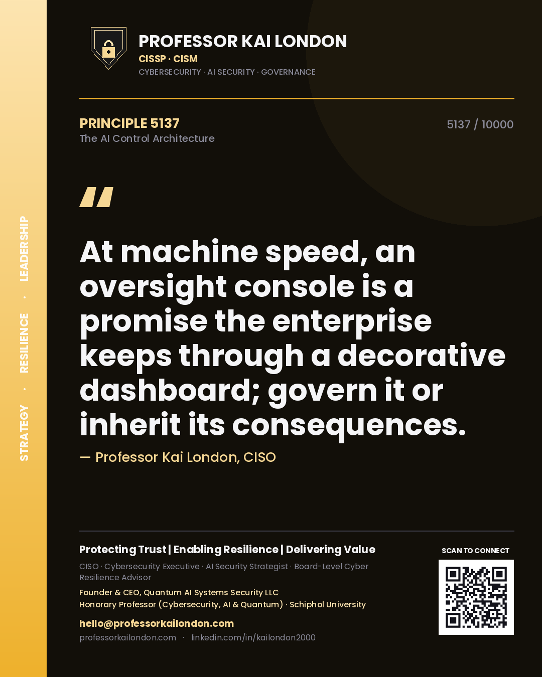 Professor Kai London principle 5137: At machine speed, an oversight console is a promise the enterprise keeps through a decorative dashboard; govern it or inherit its consequences.