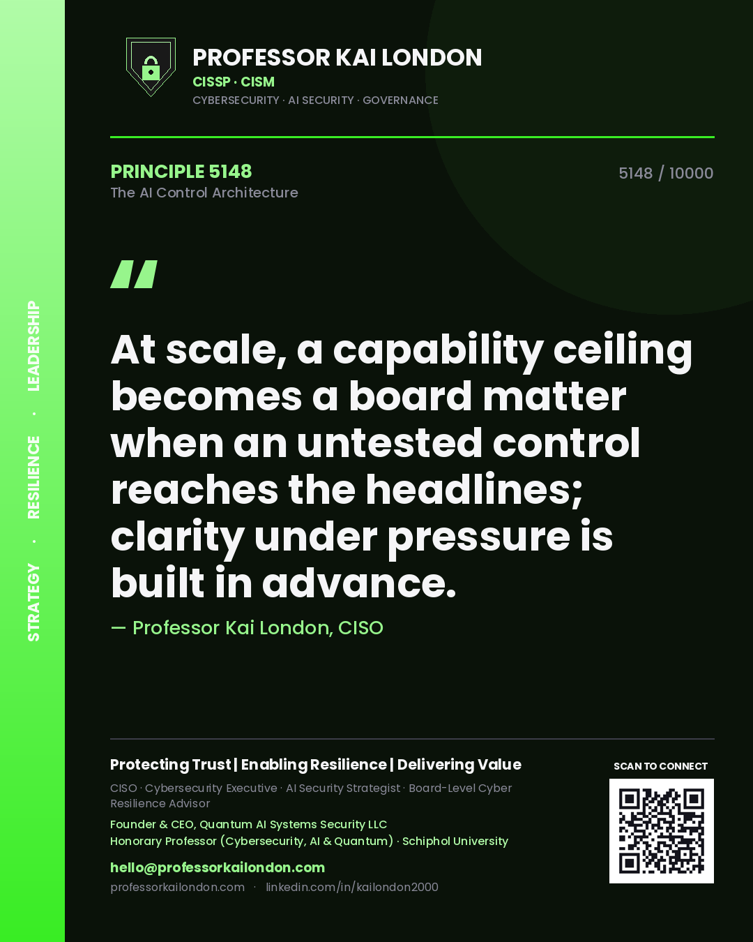 Quote card by Professor Kai London reading 'At scale, a capability ceiling becomes a board matter when an untested control reaches the headlines; clarity under pressure is built in advance.'. From the book The AI Control Architecture.