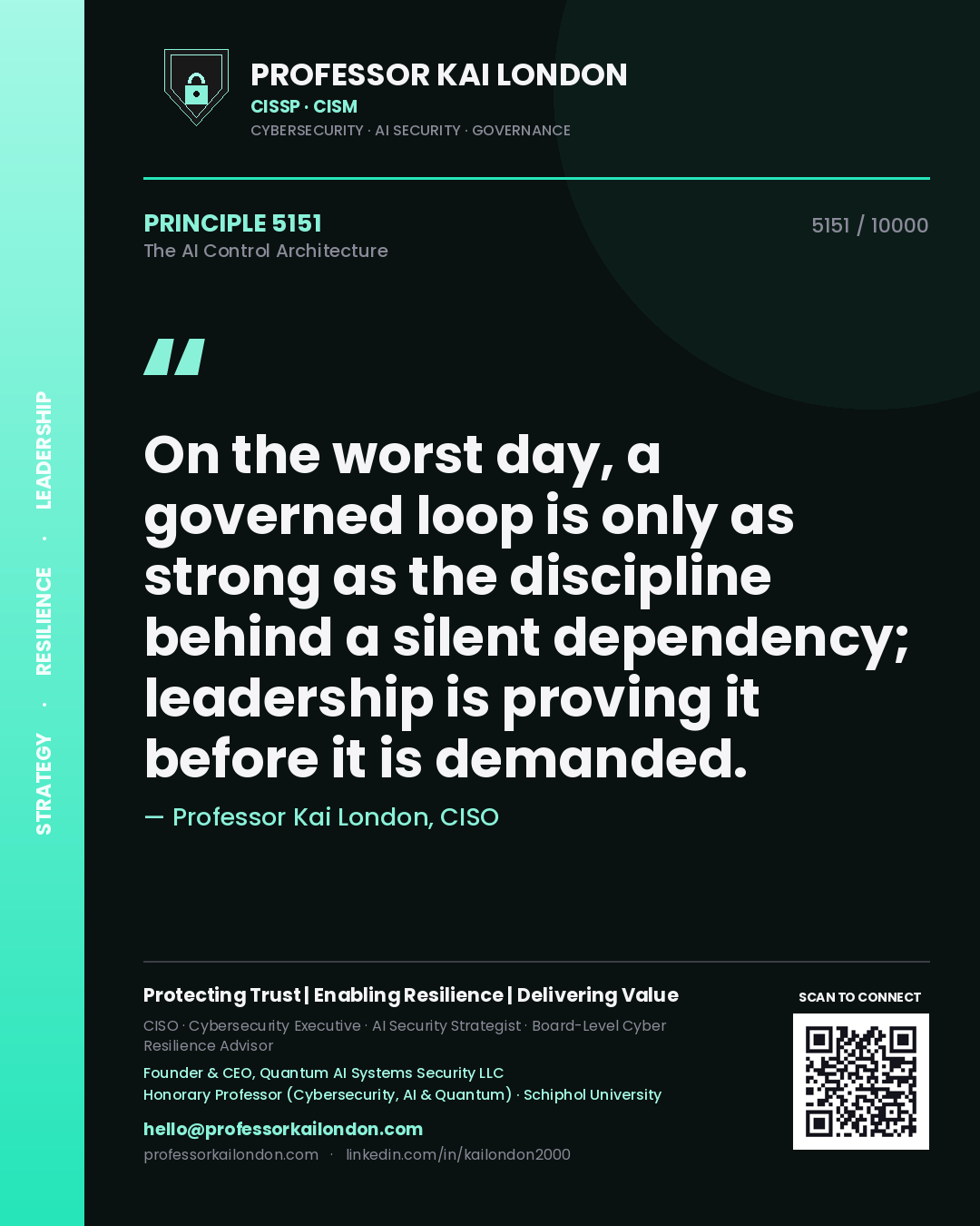 Professor Kai London principle 5151: On the worst day, a governed loop is only as strong as the discipline behind a silent dependency; leadership is proving it before it is demanded.