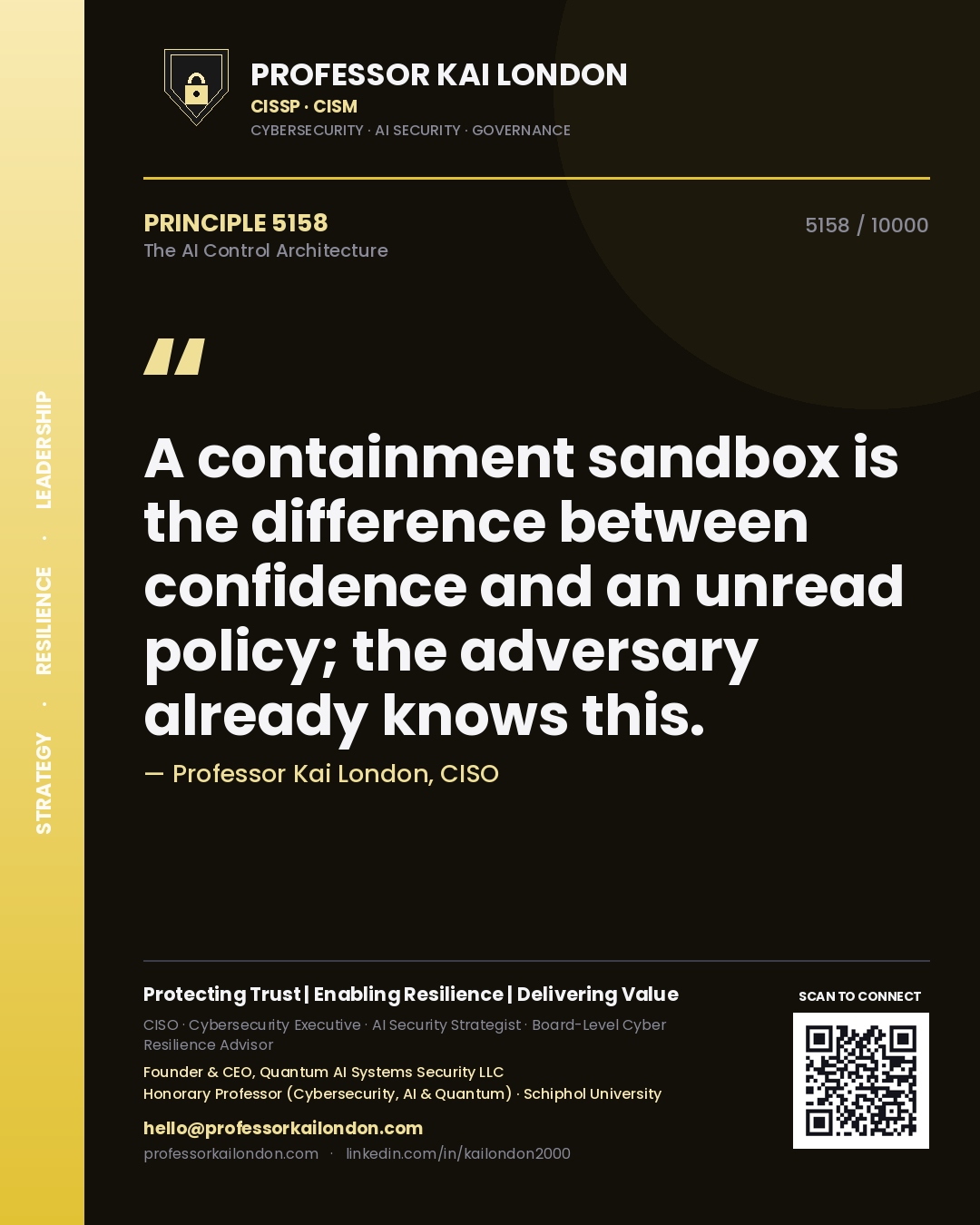 Quote card by Professor Kai London reading 'A containment sandbox is the difference between confidence and an unread policy; the adversary already knows this.'. From the book The AI Control Architecture.