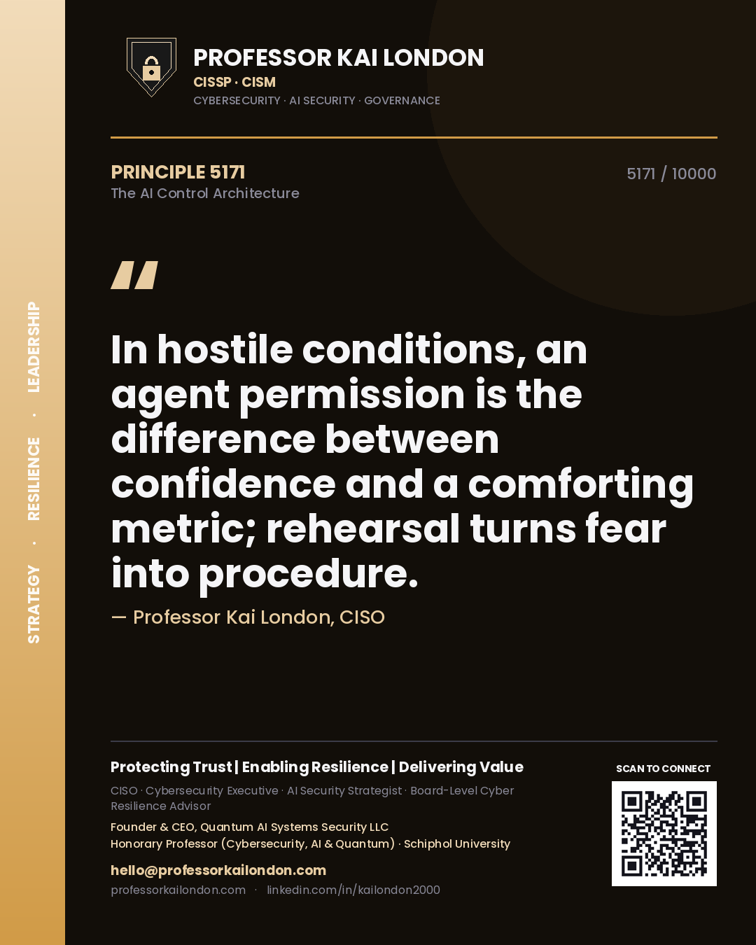 Quote card by Professor Kai London reading 'In hostile conditions, an agent permission is the difference between confidence and a comforting metric; rehearsal turns fear into procedure.'. From the book The AI Control Architecture.