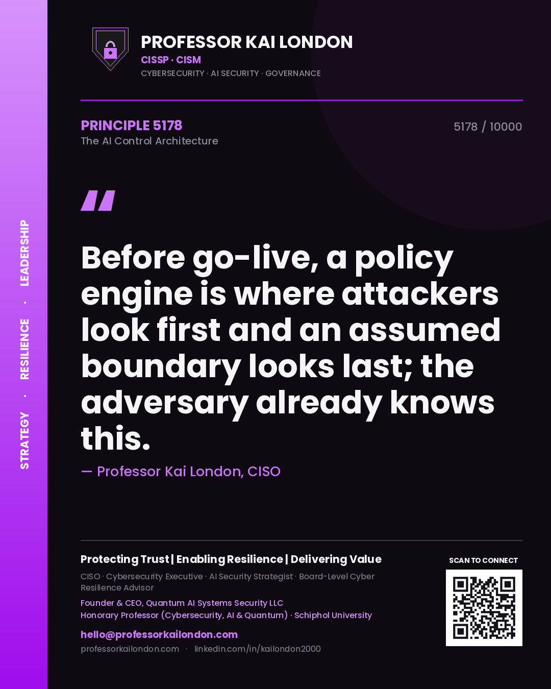 Quote card by Professor Kai London reading 'Before go-live, a policy engine is where attackers look first and an assumed boundary looks last; the adversary already knows this.'. From the book The AI Control Architecture.