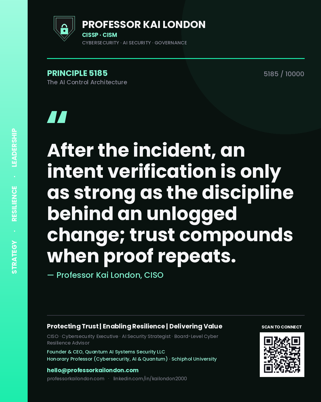 Quote card by Professor Kai London reading 'After the incident, an intent verification is only as strong as the discipline behind an unlogged change; trust compounds when proof repeats.'. From the book The AI Control Architecture.