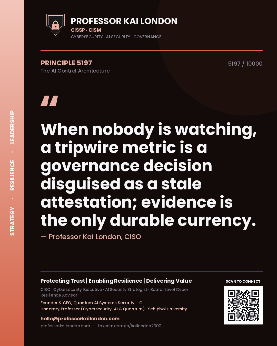 Quote card by Professor Kai London reading 'When nobody is watching, a tripwire metric is a governance decision disguised as a stale attestation; evidence is the only durable currency.'. From the book The AI Control Architecture.