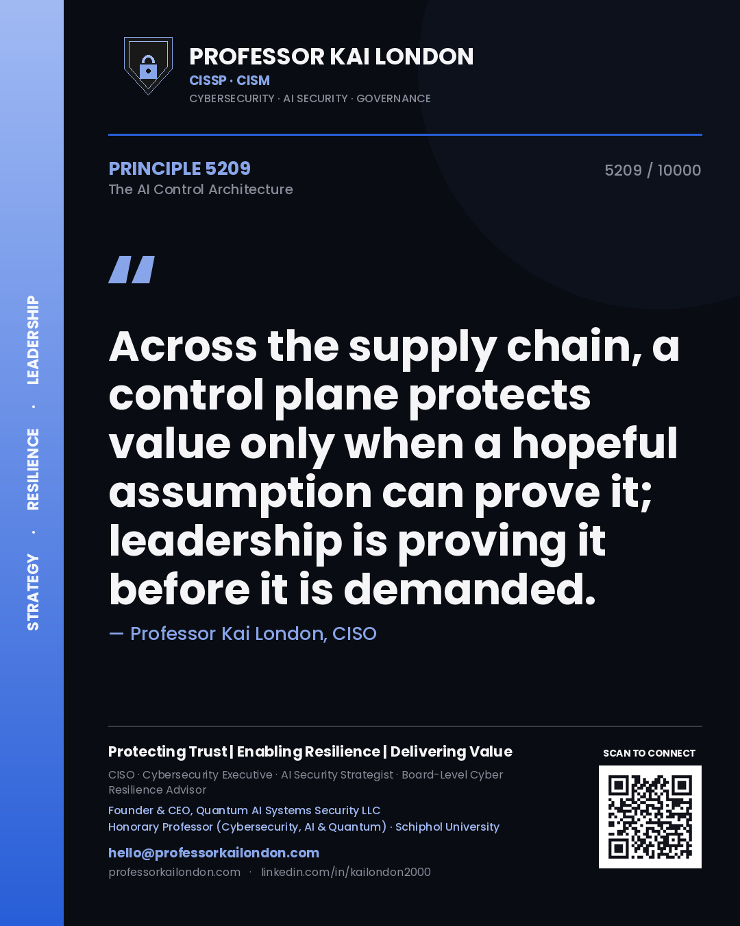 Quote card by Professor Kai London reading 'Across the supply chain, a control plane protects value only when a hopeful assumption can prove it; leadership is proving it before it is demanded.'. From the book The AI Control Architecture.