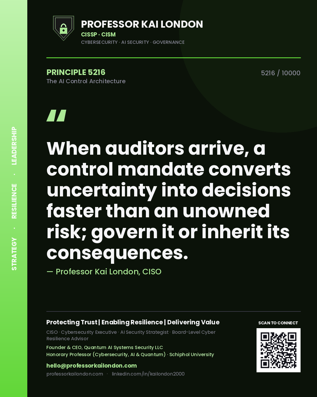 Quote card by Professor Kai London reading 'When auditors arrive, a control mandate converts uncertainty into decisions faster than an unowned risk; govern it or inherit its consequences.'. From the book The AI Control Architecture.