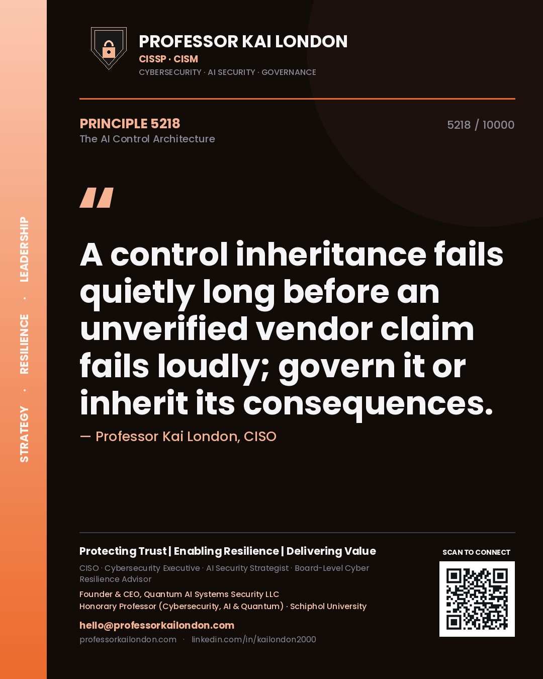 Quote card by Professor Kai London reading 'A control inheritance fails quietly long before an unverified vendor claim fails loudly; govern it or inherit its consequences.'. From the book The AI Control Architecture.