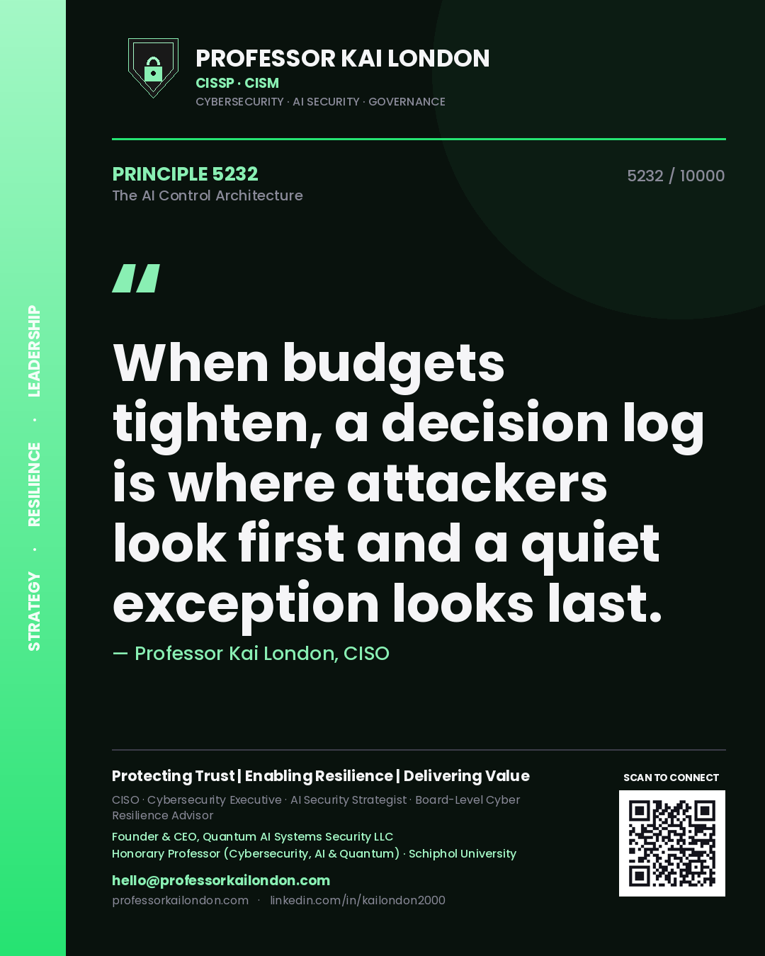 Quote card by Professor Kai London reading 'When budgets tighten, a decision log is where attackers look first and a quiet exception looks last.'. From the book The AI Control Architecture.