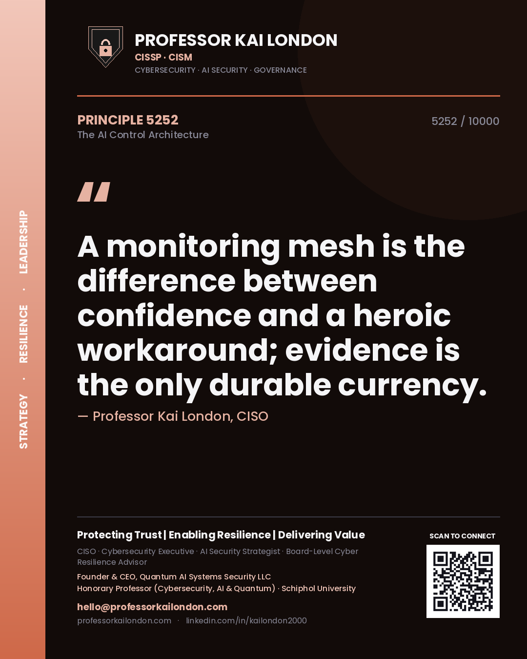 Quote card by Professor Kai London reading 'A monitoring mesh is the difference between confidence and a heroic workaround; evidence is the only durable currency.'. From the book The AI Control Architecture.