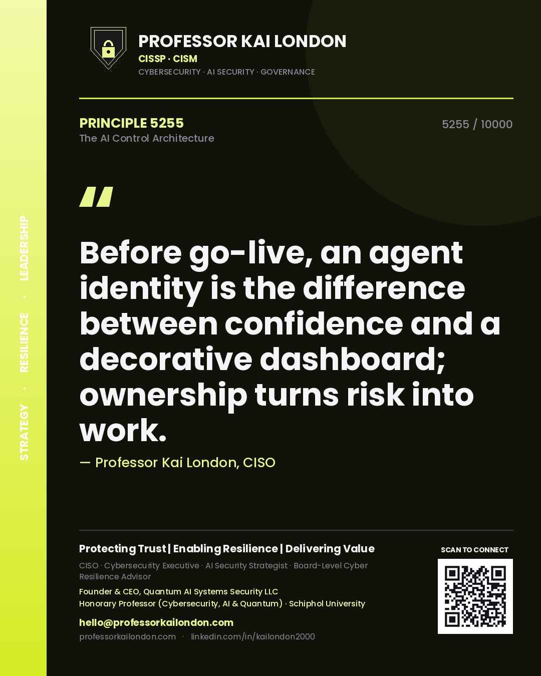 Quote card by Professor Kai London reading 'Before go-live, an agent identity is the difference between confidence and a decorative dashboard; ownership turns risk into work.'. From the book The AI Control Architecture.